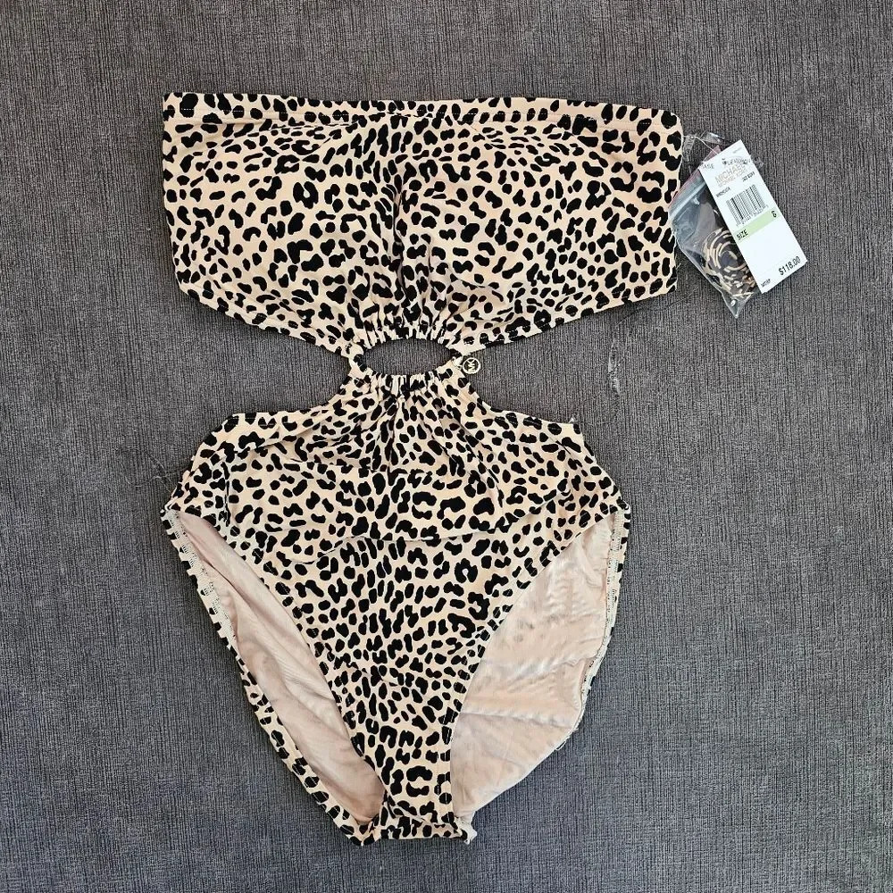 Michael Kors bandeau leopard print side cutout logo charm One Piece Swimsuit 8